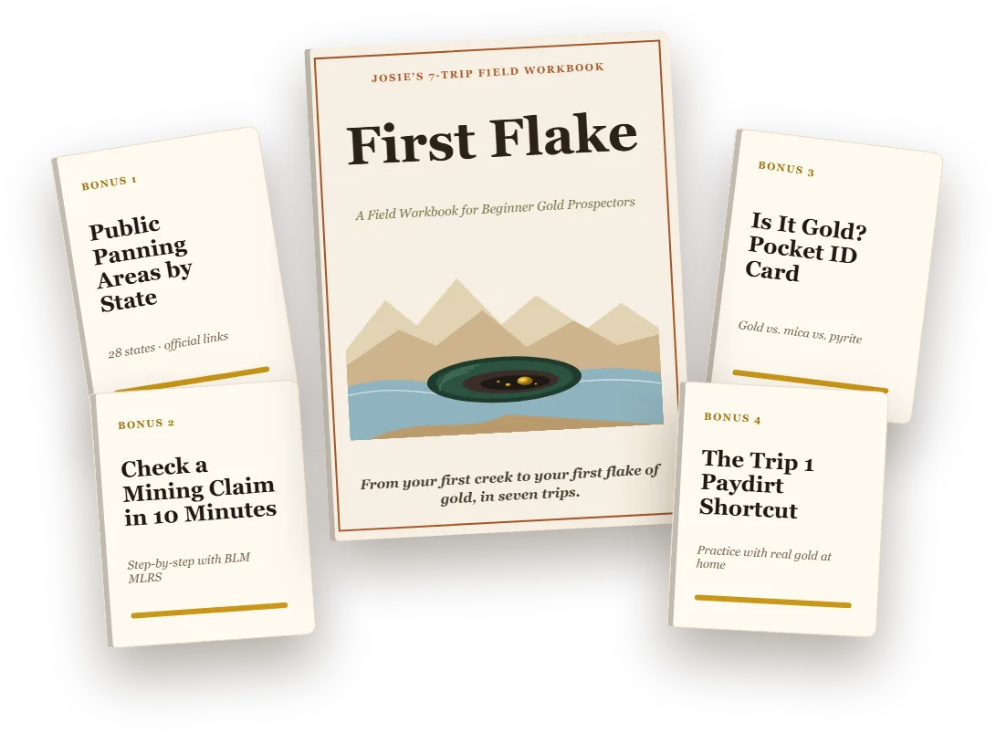 First Flake workbook with four bonus guides: Public Panning Areas by State, Check a Mining Claim, Is It Gold? card, and Paydirt Shortcut